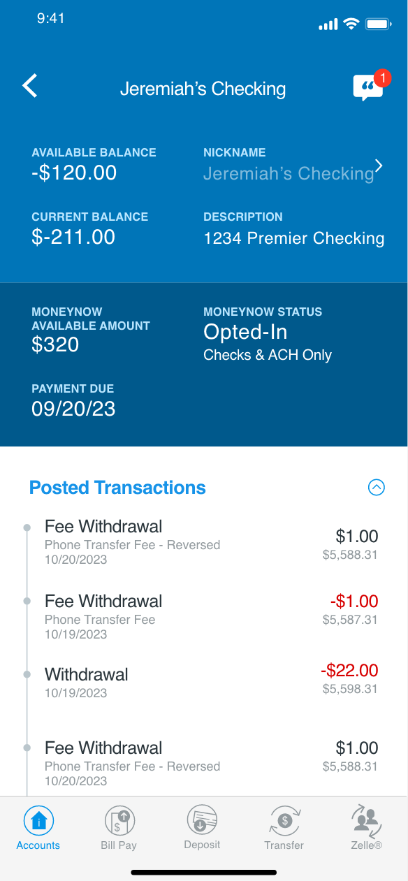 Mobile banking app screen