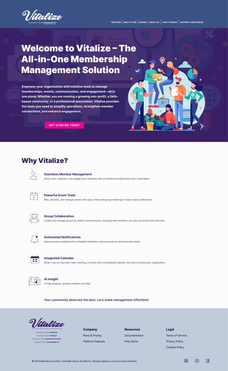 Vitalize marketing website, home page