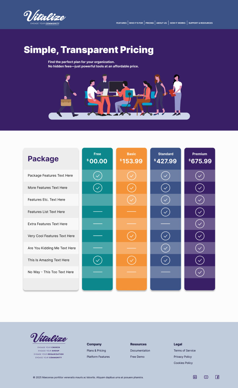 Vitalize marketing website, pricing page